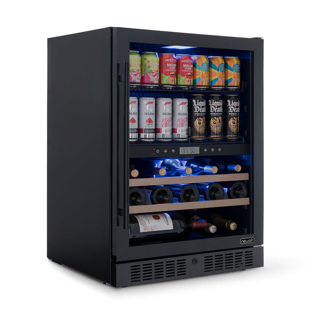 Newair® 100-Can, 24-Bottle Built-in Dual Zone Black Beverage Fridge - 24"