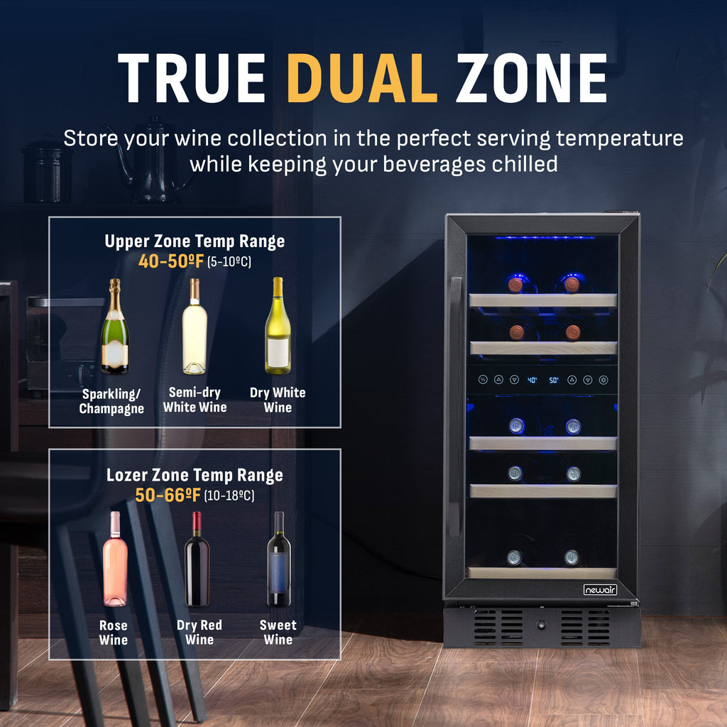 Newair® 29-Bottle 14.8" Black Built-In Dual Zone Wine Fridge