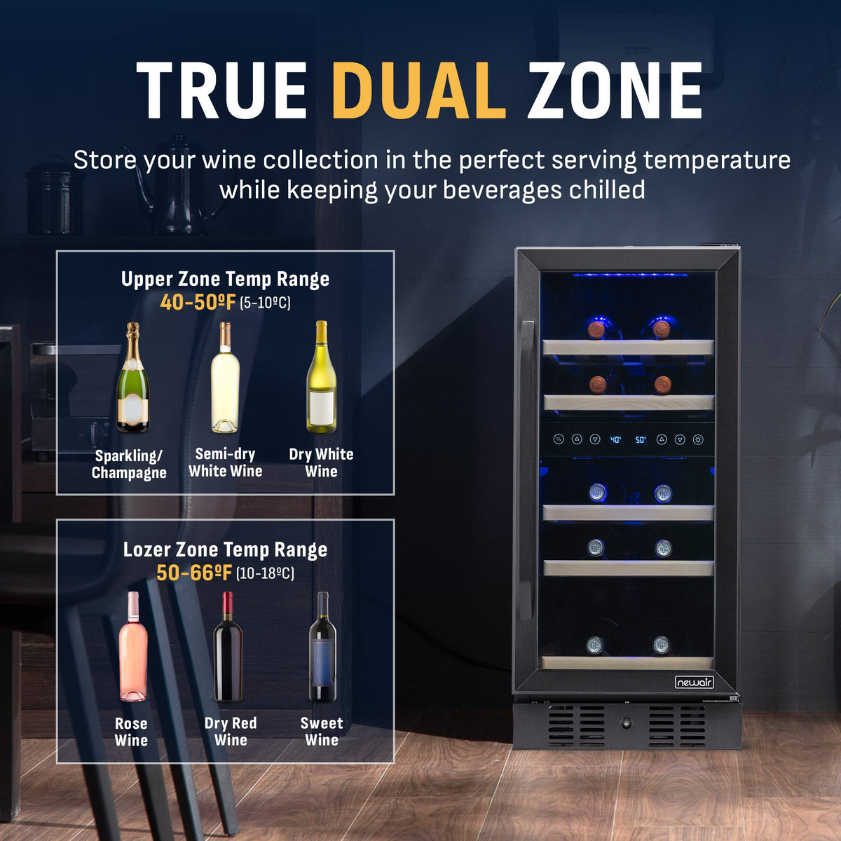 Newair® 29-Bottle 14.8" Black Built-In Dual Zone Wine Fridge