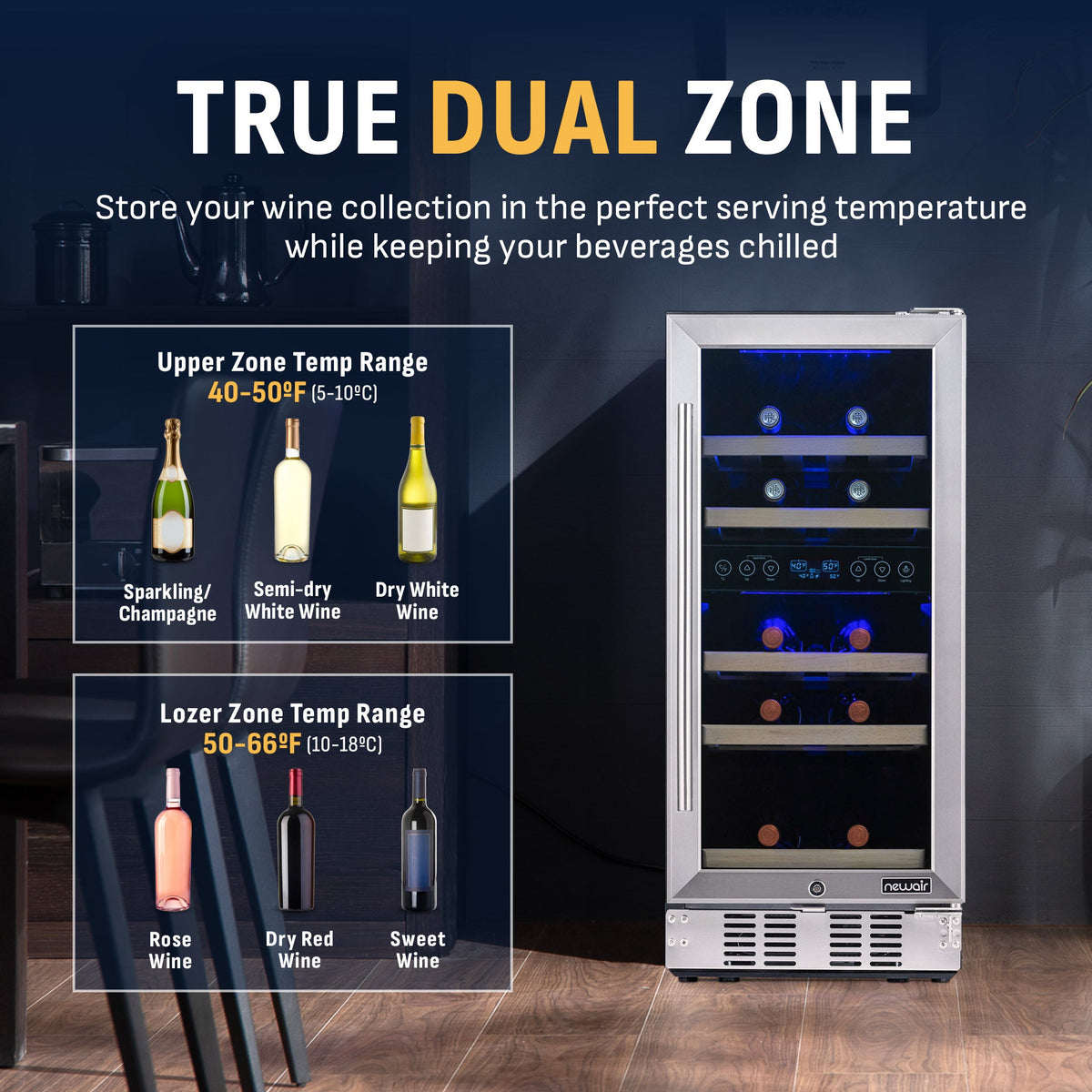 Newair® 29-Bottle 14.8" Stainless Steel Built-In Dual Zone Wine Fridge