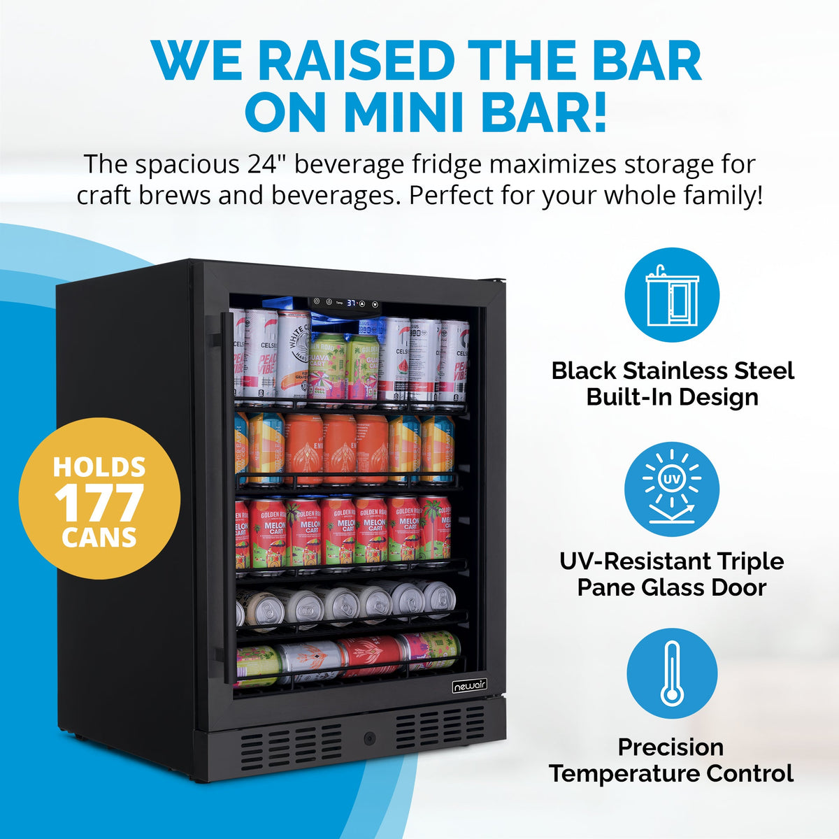 Newair® 177-Can Built-In or Freestanding Black Beverage Fridge - 24"