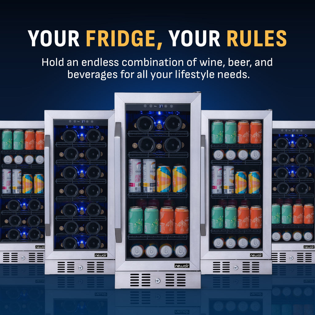 Newair® 80-Can, 33-Bottle Built-in Stainless Steel Beverage Fridge - 15"