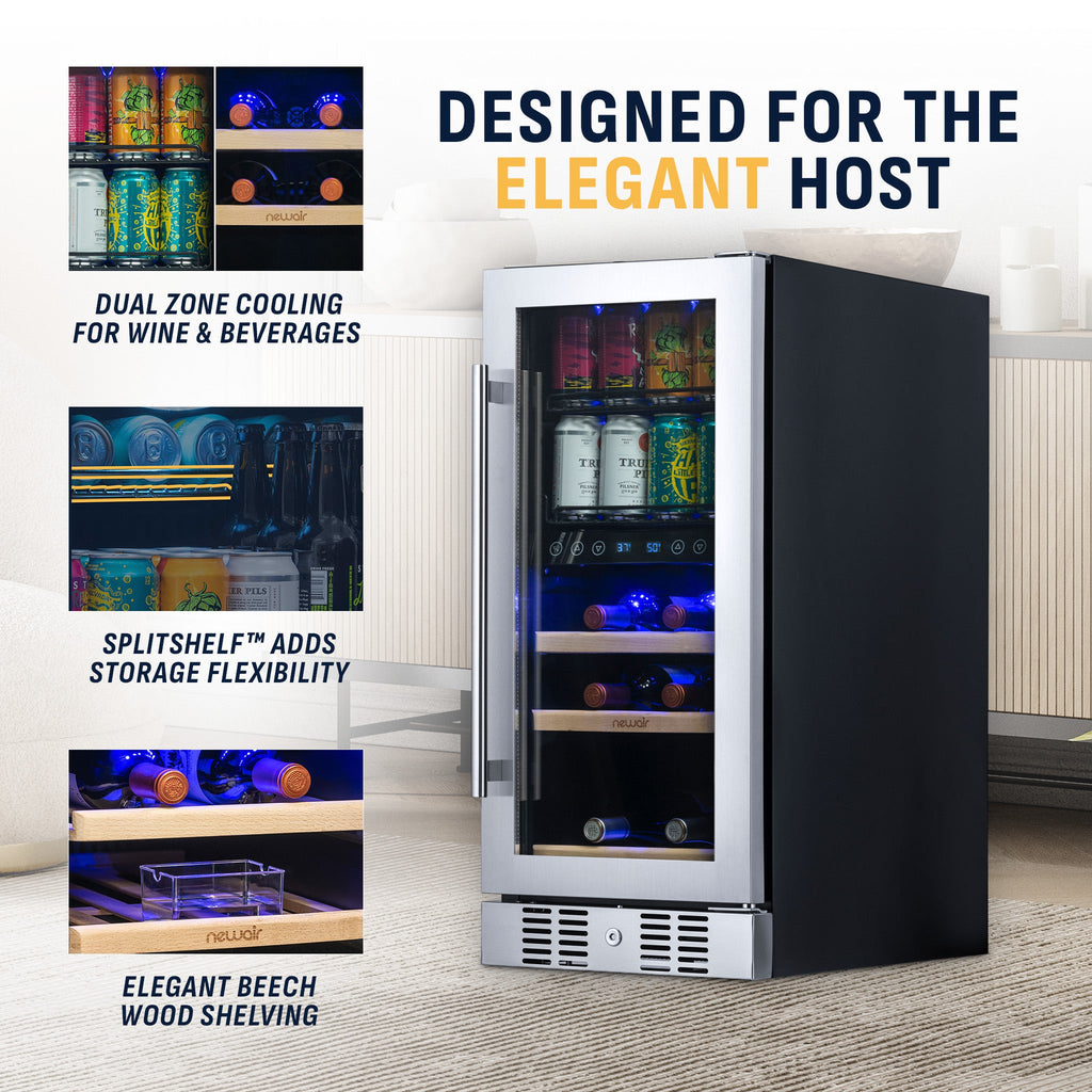 Newair® 48-Can, 9-Bottle Built-in Dual Zone Beverage Fridge - 15"