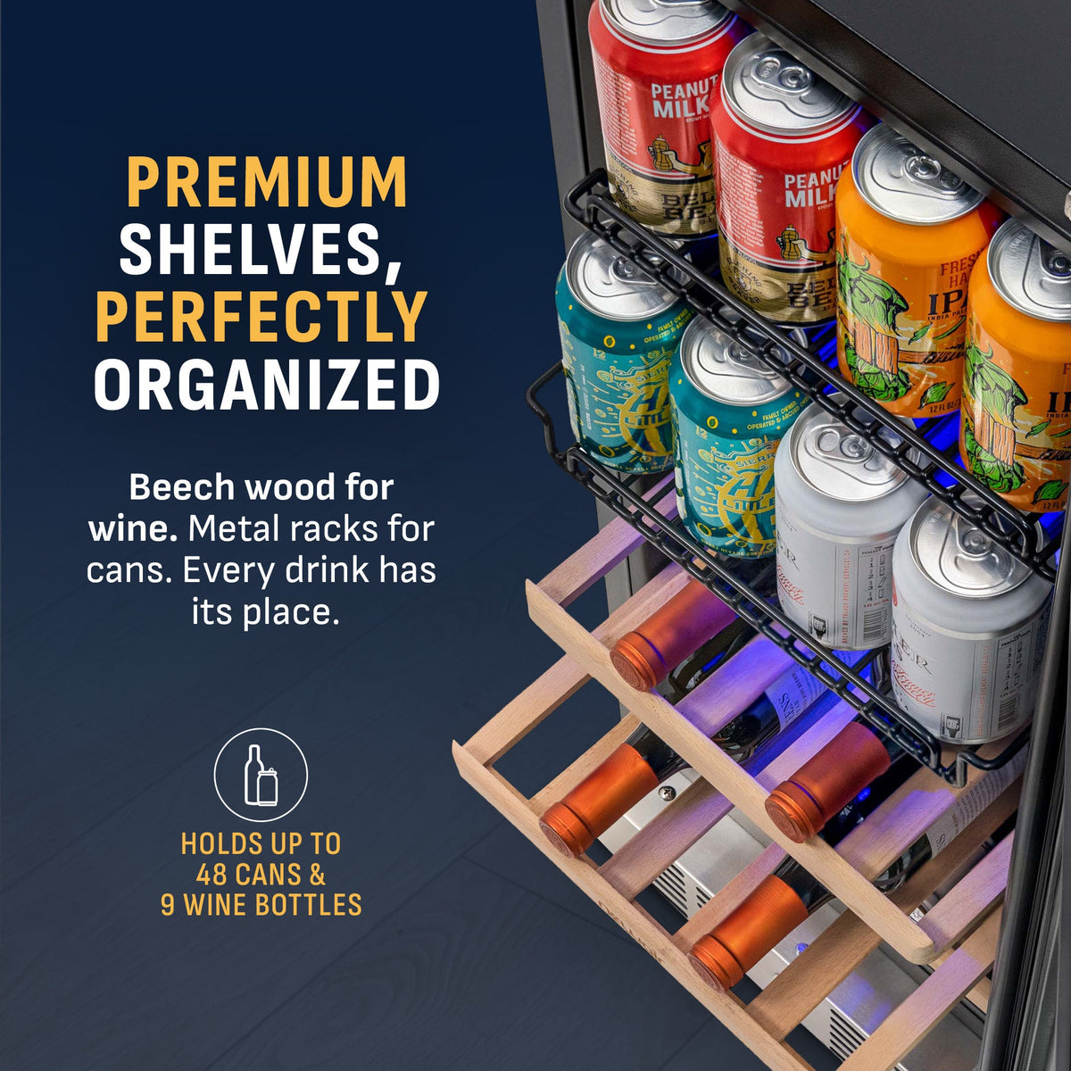 Newair® 48-Can, 9-Bottle Built-in Dual Zone Beverage Fridge - 15"