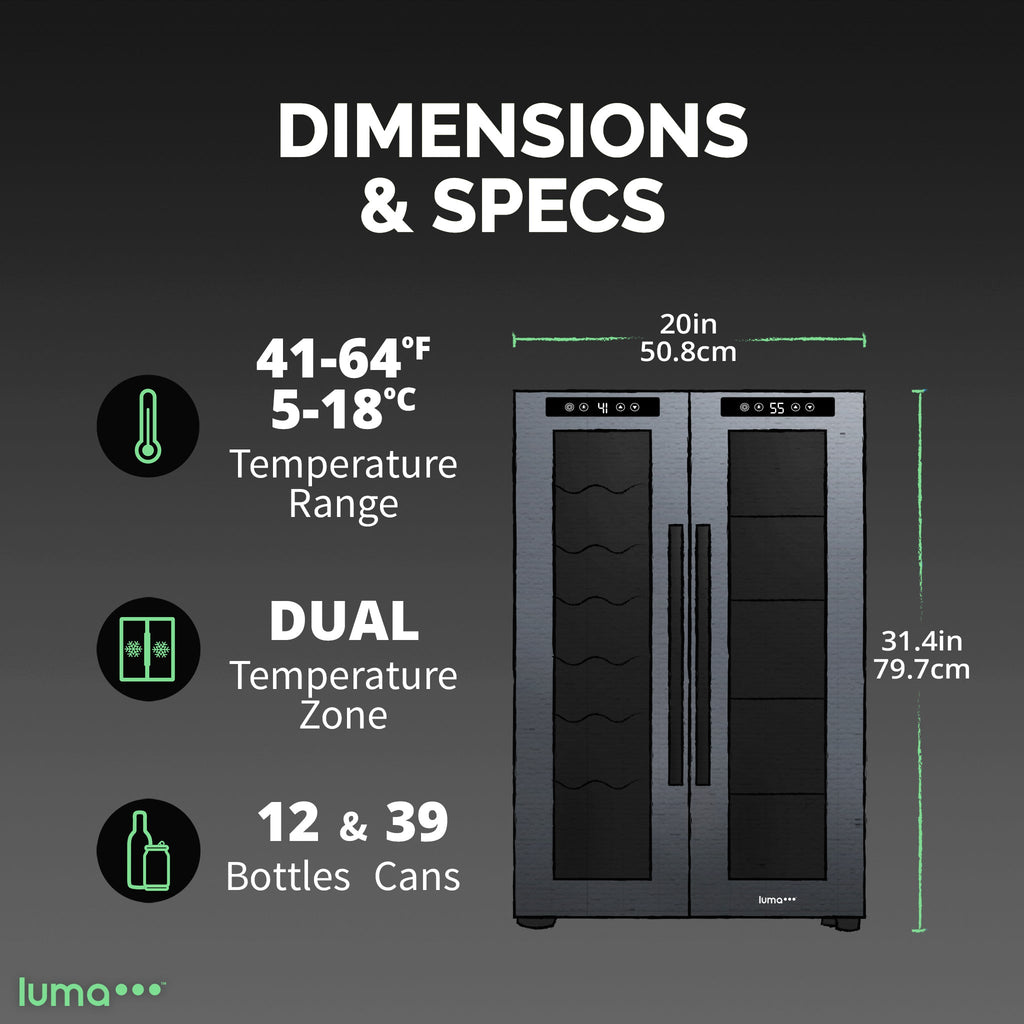 Luma Comfort 39-Can, 12-Bottle Freestanding Dual Zone Beverage Fridge - 20"