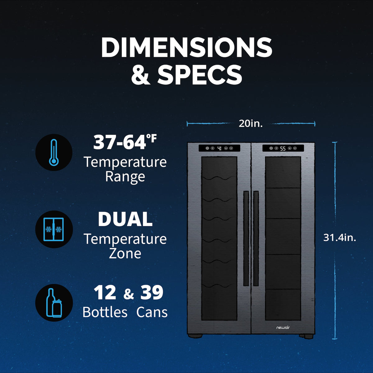 Newair® 39-Can, 12-Bottle Freestanding Dual Zone Beverage Fridge -20"
