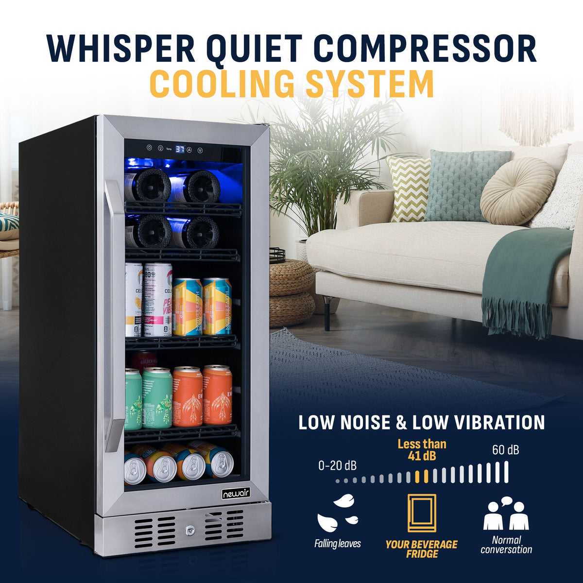 Newair® 80-Can, 33-Bottle Built-in Stainless Steel Beverage Fridge - 15"