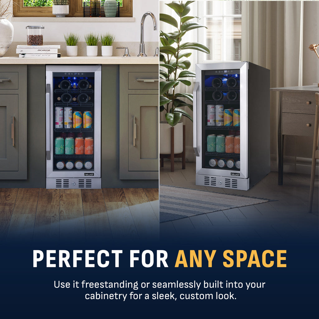 Newair® 80-Can, 33-Bottle Built-in Stainless Steel Beverage Fridge - 15"