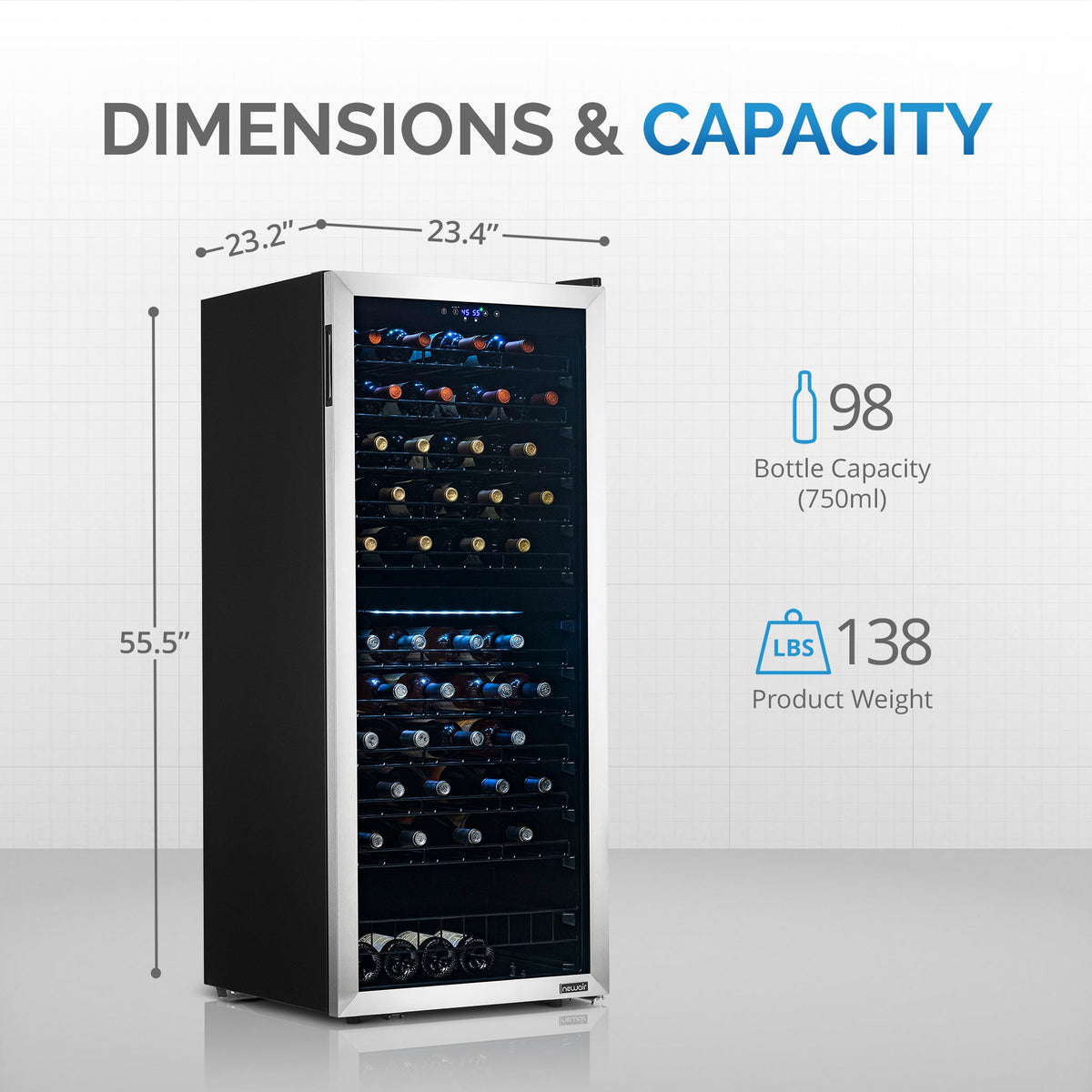 Newair® 98-Bottle 23" Stainless Steel Freestanding Dual Zone Wine Fridge