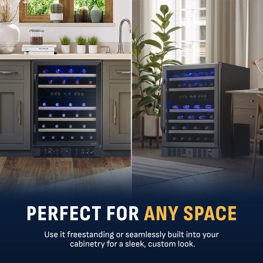Newair® 46-Bottle 23.5" Black Stainless Steel Built-In Dual Zone Wine Cooler