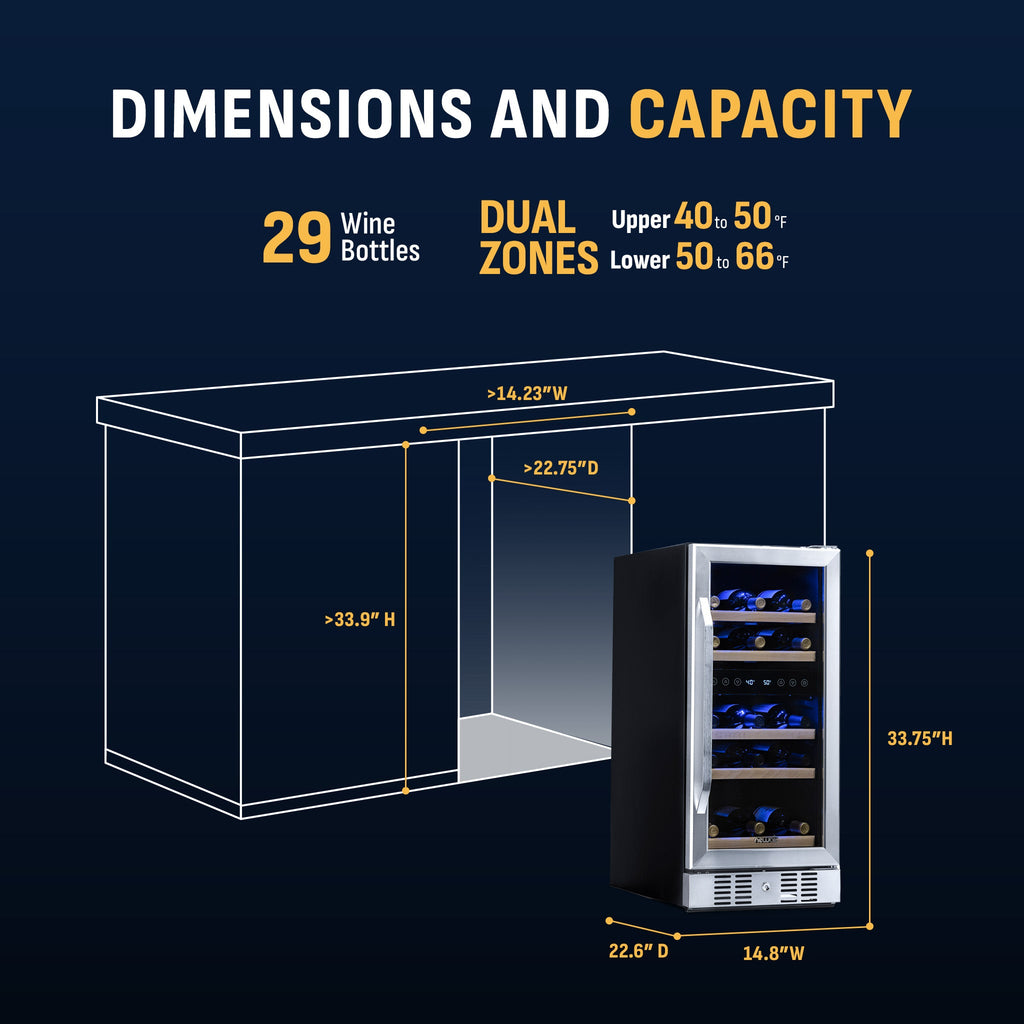 Newair® 29-Bottle 14.8" Stainless Steel Built-In Dual Zone Wine Fridge