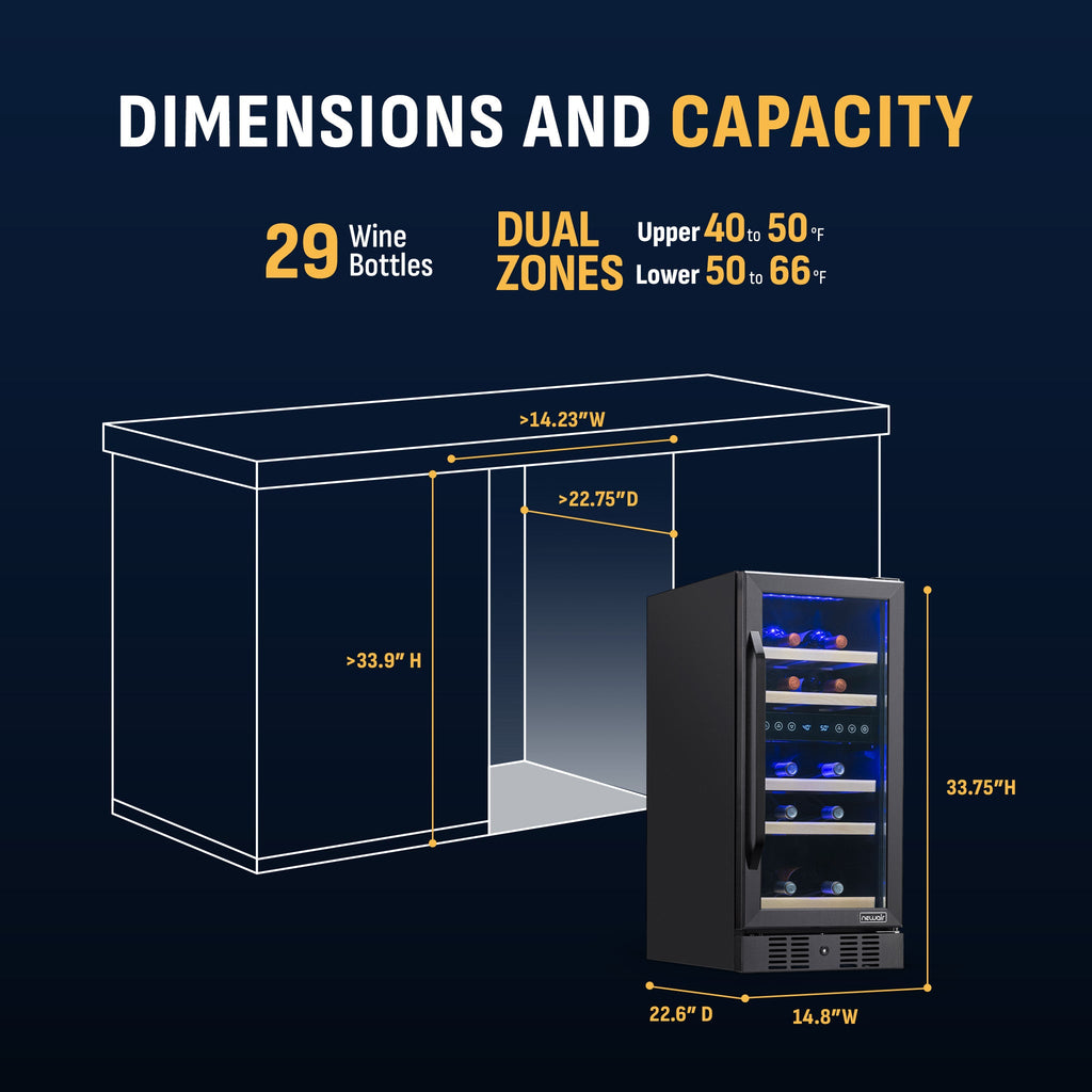 Newair® 29-Bottle 14.8" Black Built-In Dual Zone Wine Fridge