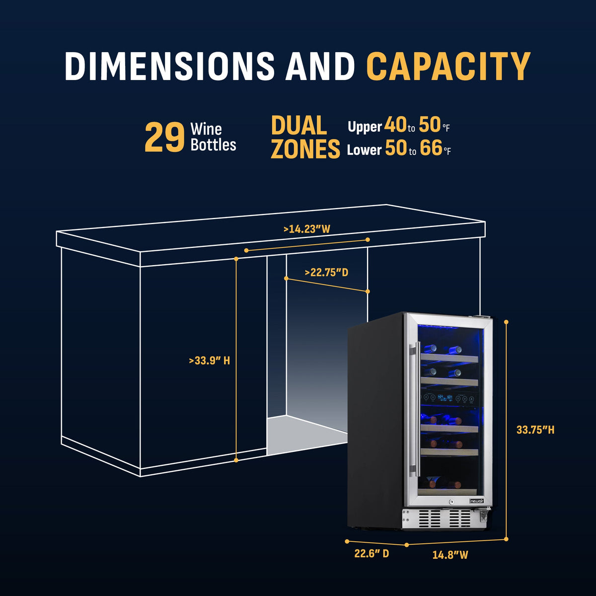 Newair® 29-Bottle 14.8" Stainless Steel Built-In Dual Zone Wine Fridge