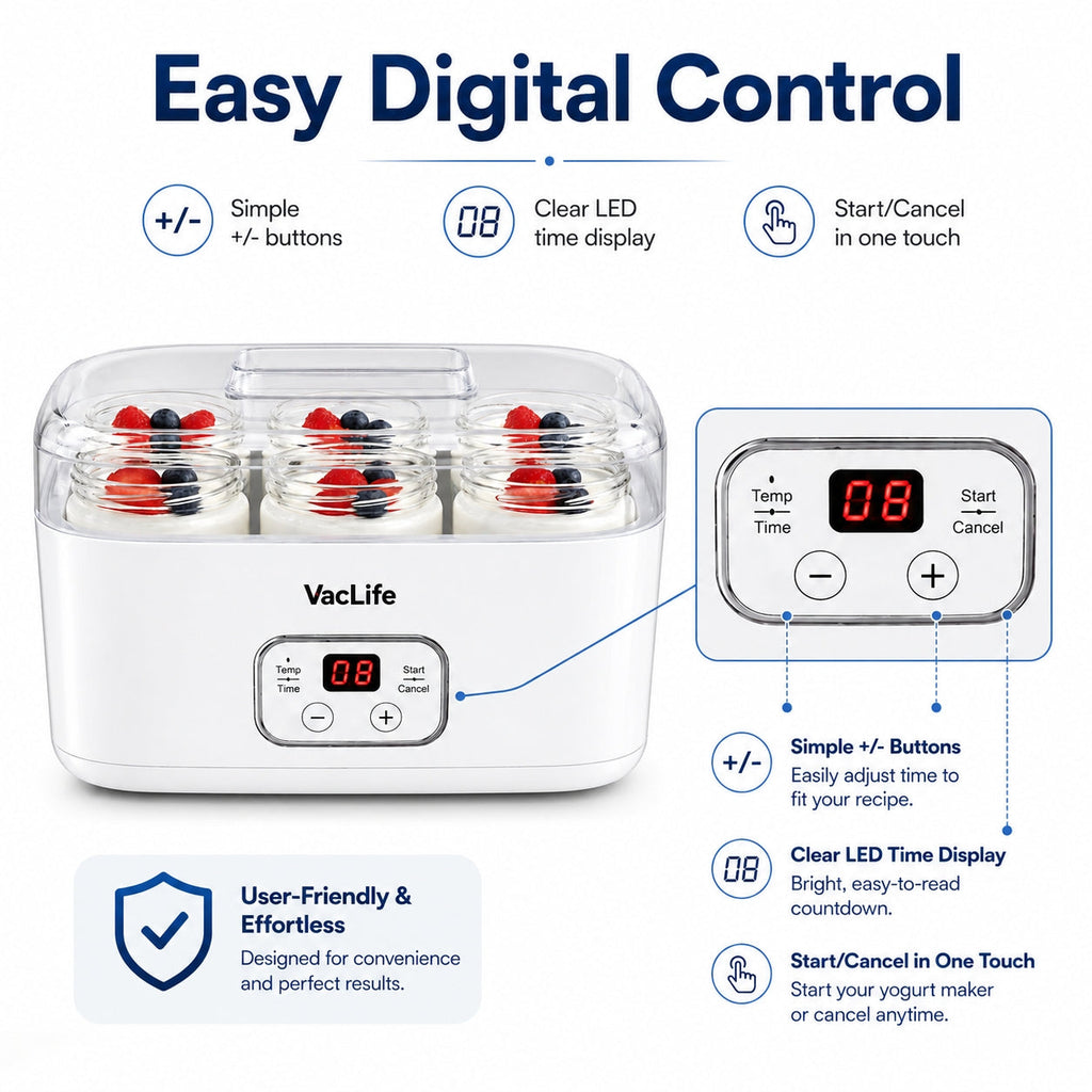 VacLife Yogurt Maker with 6 Glass Jars, Digital Timer & Temperature Control, Homemade Greek Yogurt Machine with BPA-Free Lid, Easy to Clean Yogurt Maker for Family Use, White