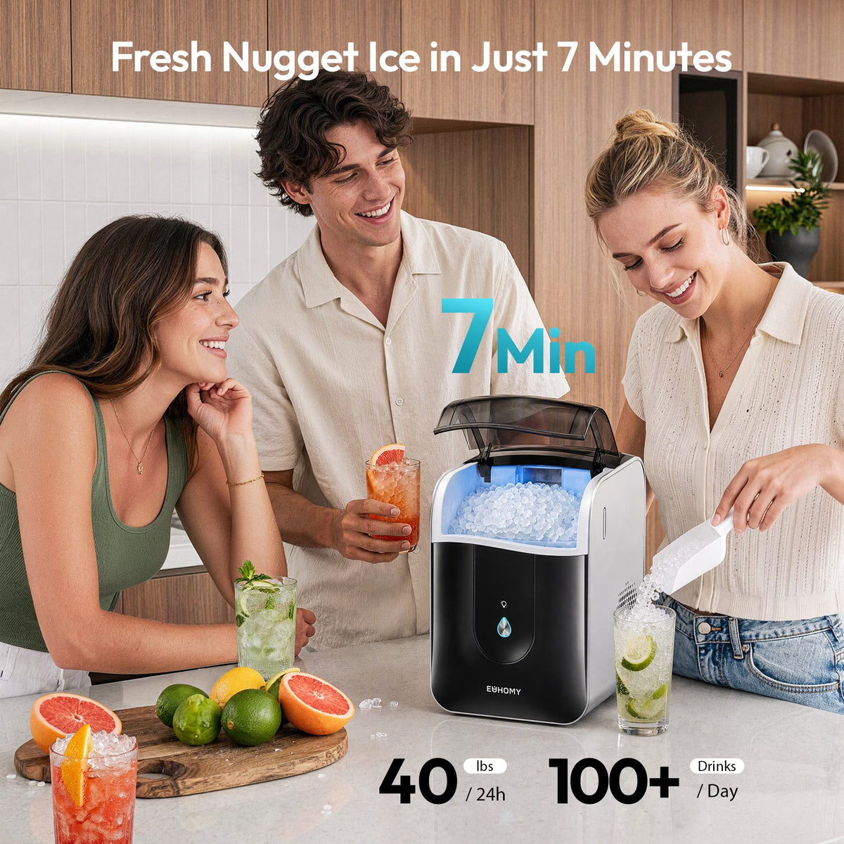 EUHOMY Countertop Nugget Ice Maker, 40 lbs/24H, Self-Cleaning, Smart App, Chewable Ice, Black