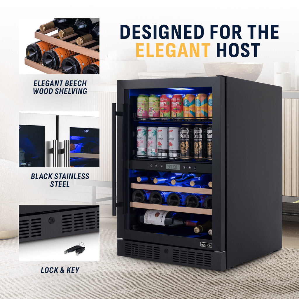 Newair® 100-Can, 24-Bottle Built-in Dual Zone Black Beverage Fridge - 24"