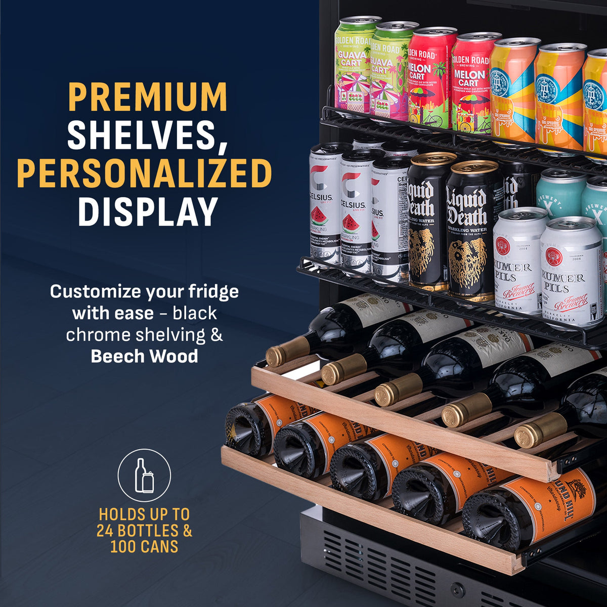 Newair® 100-Can, 24-Bottle Built-in Dual Zone Black Beverage Fridge - 24"