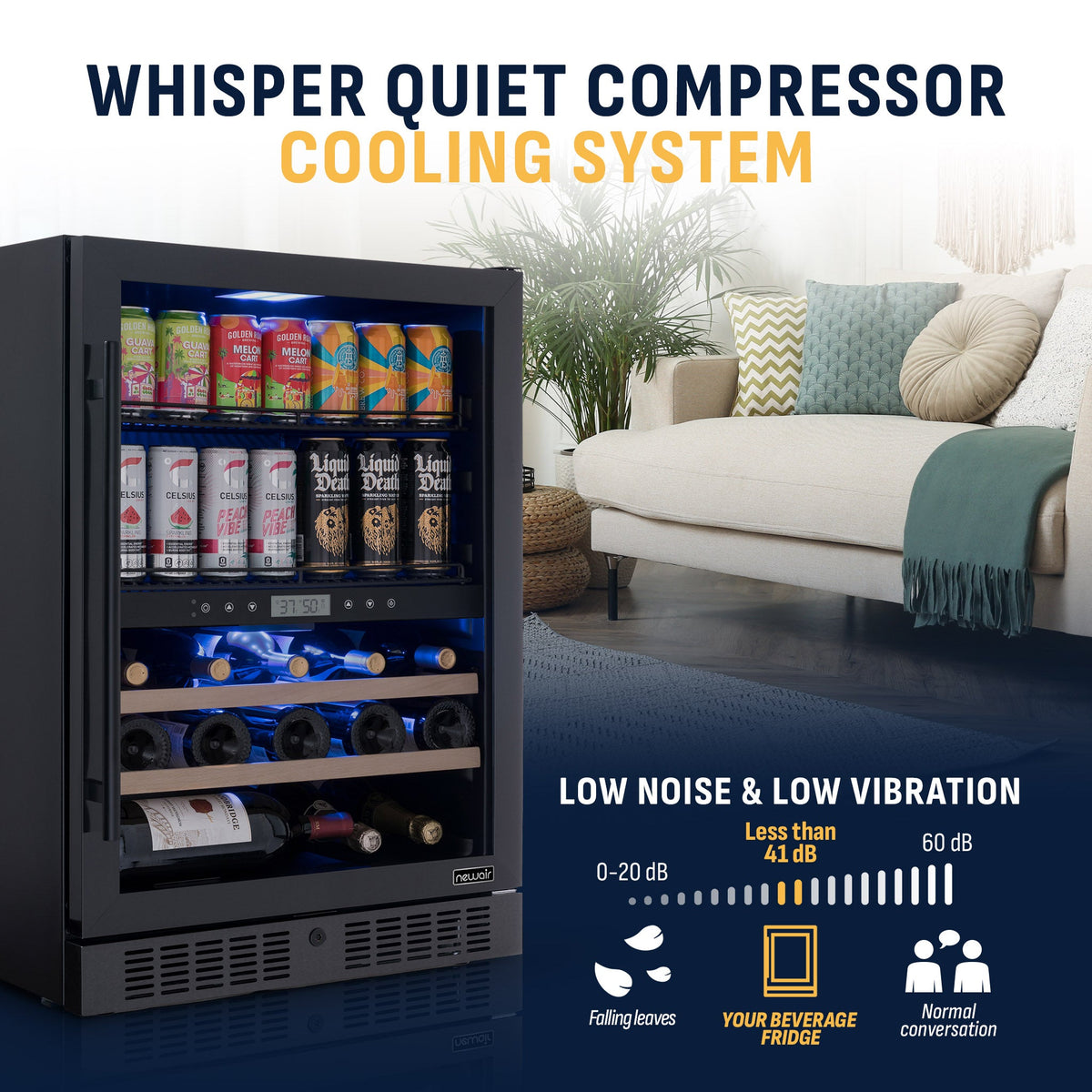 Newair® 100-Can, 24-Bottle Built-in Dual Zone Black Beverage Fridge - 24"
