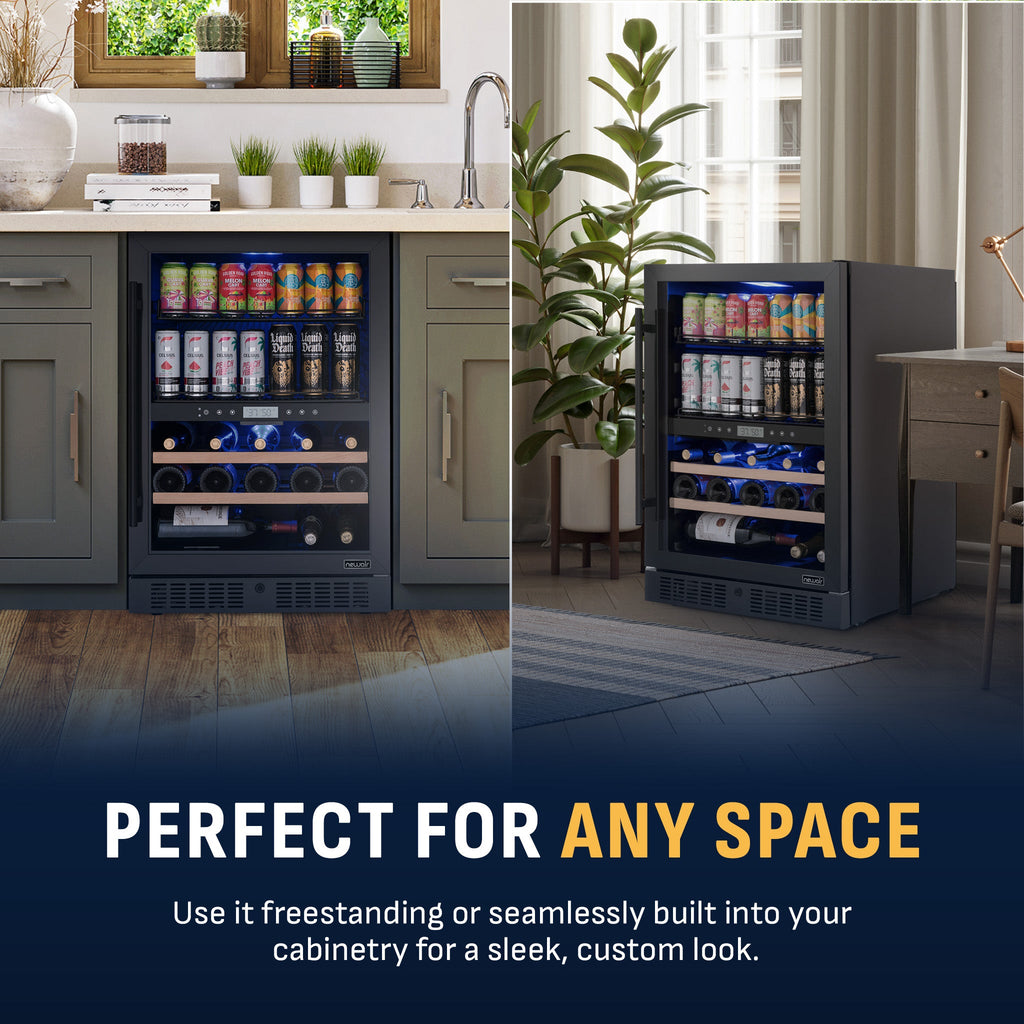 Newair® 100-Can, 24-Bottle Built-in Dual Zone Black Beverage Fridge - 24"