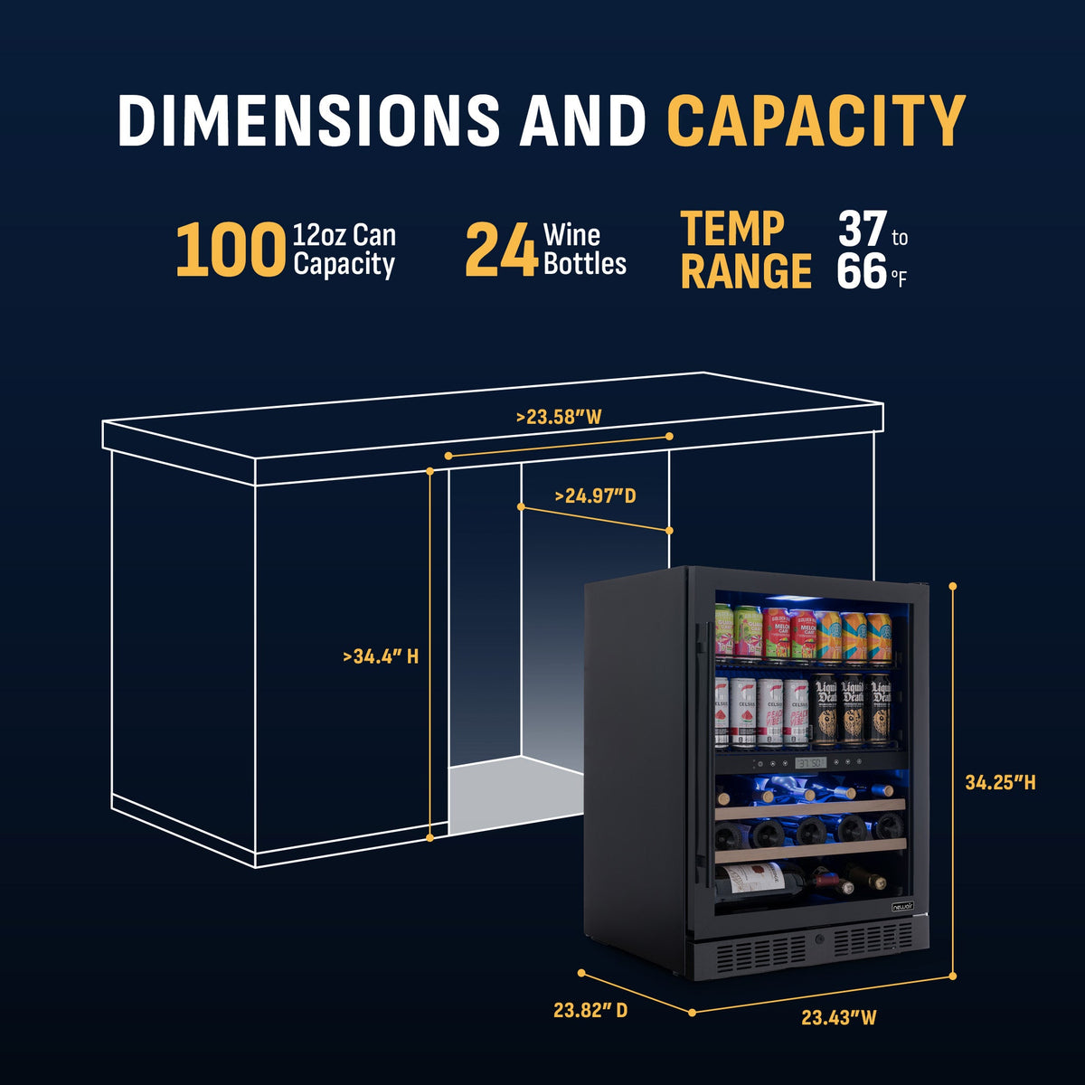Newair® 100-Can, 24-Bottle Built-in Dual Zone Black Beverage Fridge - 24"