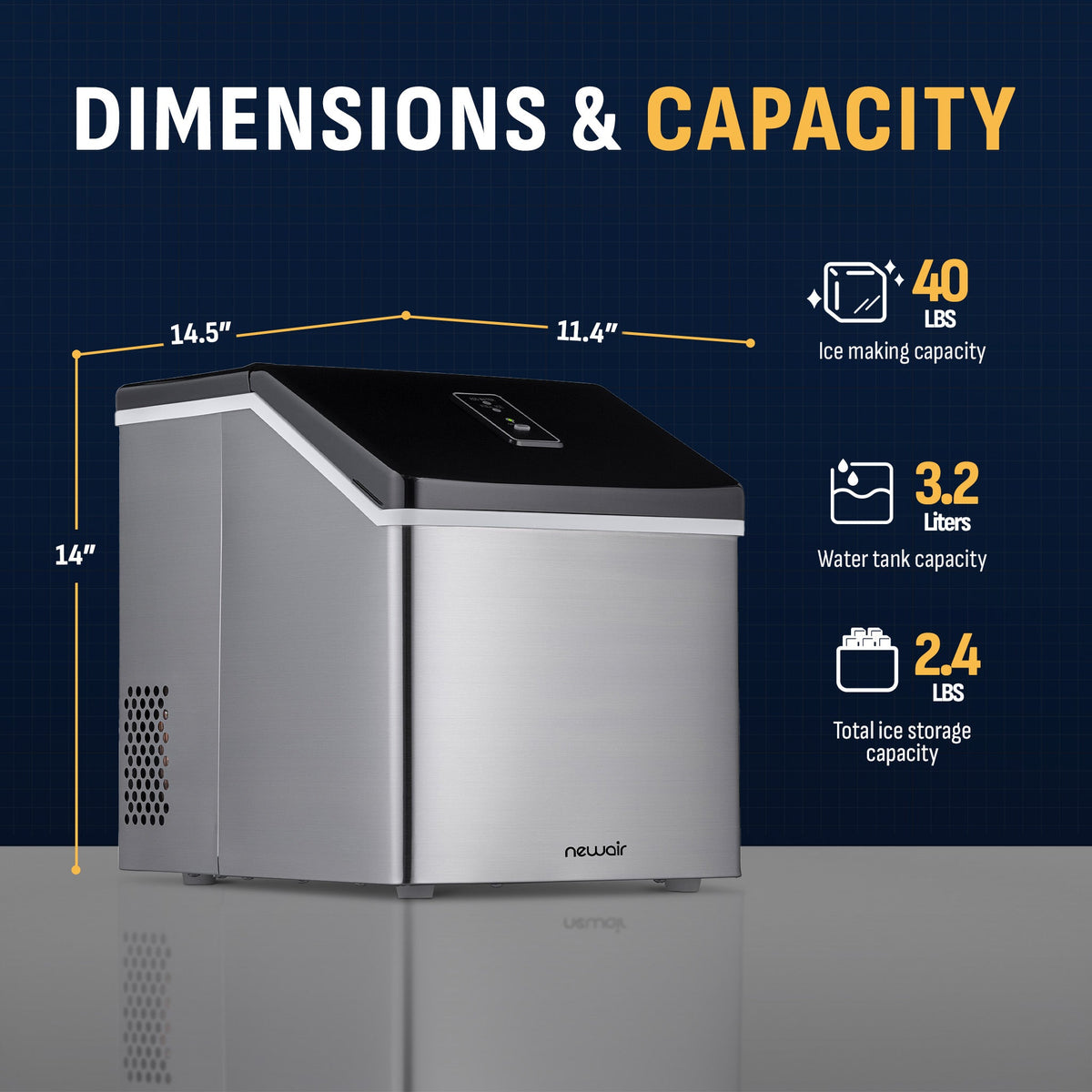 Newair® Countertop Ice Maker. Clear Ice, 40 lbs/day - Stainless Steel