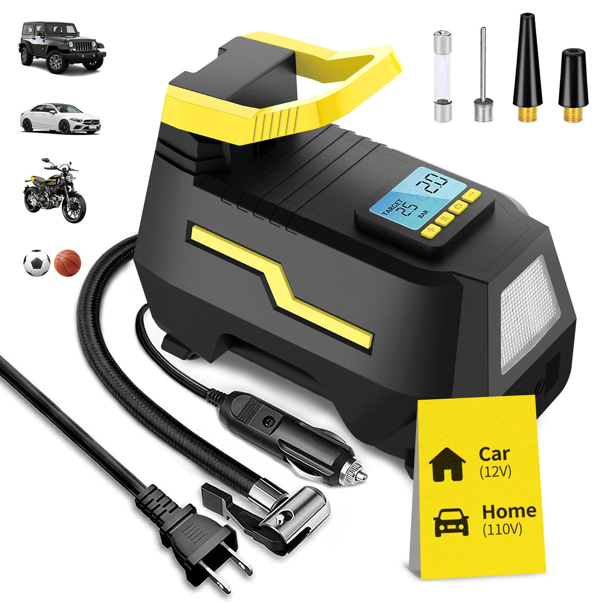 VacLife Tire Inflator for Car (12V) and Home (110V), DC/AC Portable Air Compressor for Car Tires, Bicycles, and Other Inflatables, Digital Air Pump with LED Light