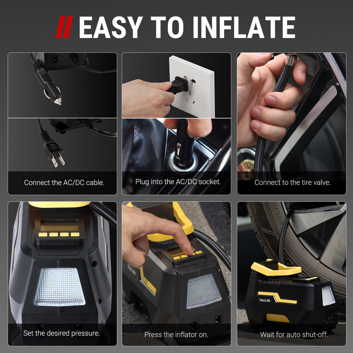 VacLife Tire Inflator for Car (12V) and Home (110V), DC/AC Portable Air Compressor for Car Tires, Bicycles, and Other Inflatables, Digital Air Pump with LED Light