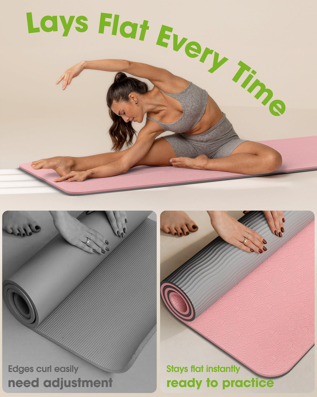 Yoga Mat with Strap, Non-Slip Pilates Exercise Mat, Tear-Resistant, 72" x 24", Pink