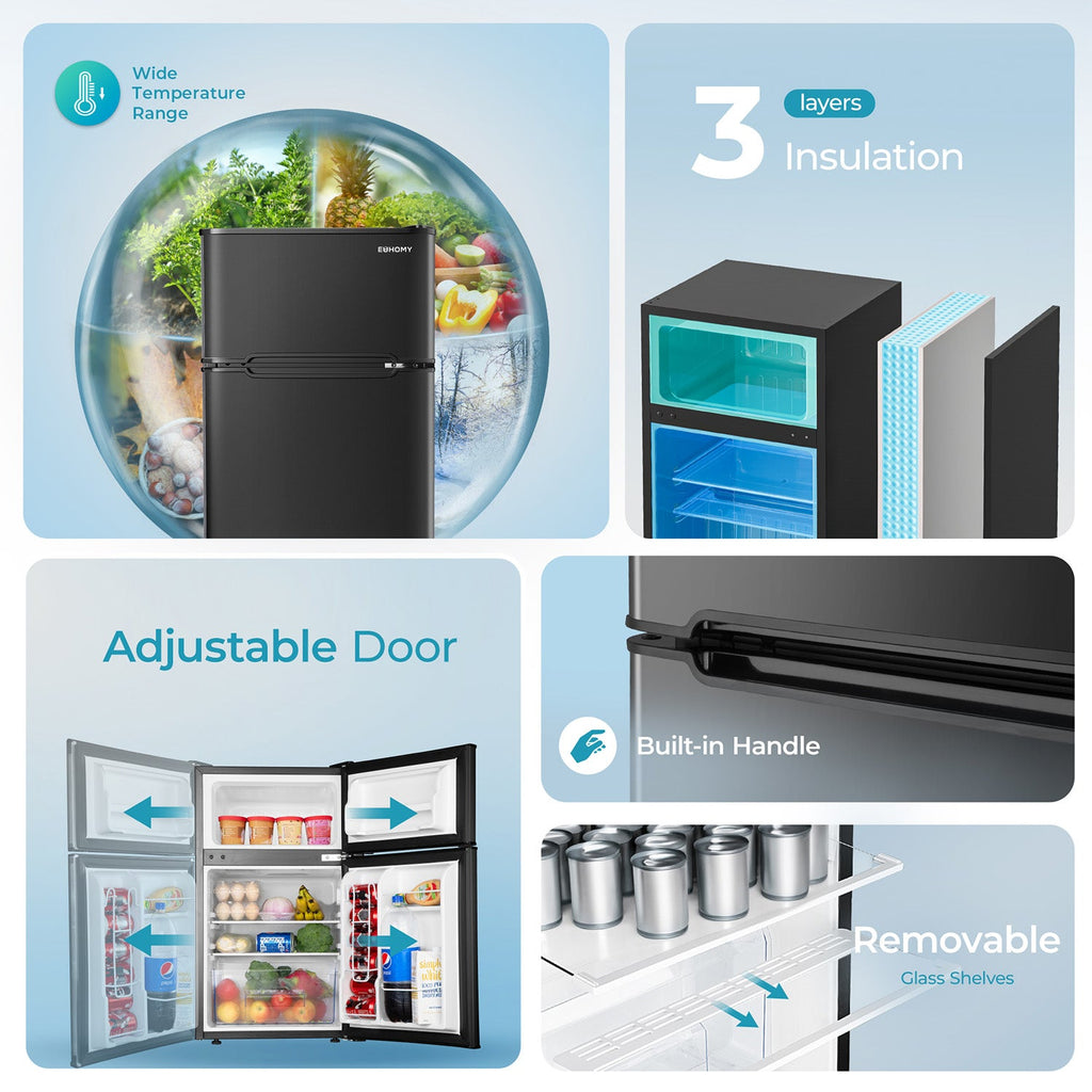 EUHOMY Mini Fridge with Freezer, 3.2 Cu.Ft Mini Refrigerator, Dorm Fridge with 2 Door For Bedroom/Apartment/Office-Food Storage Cooling Drink, Black