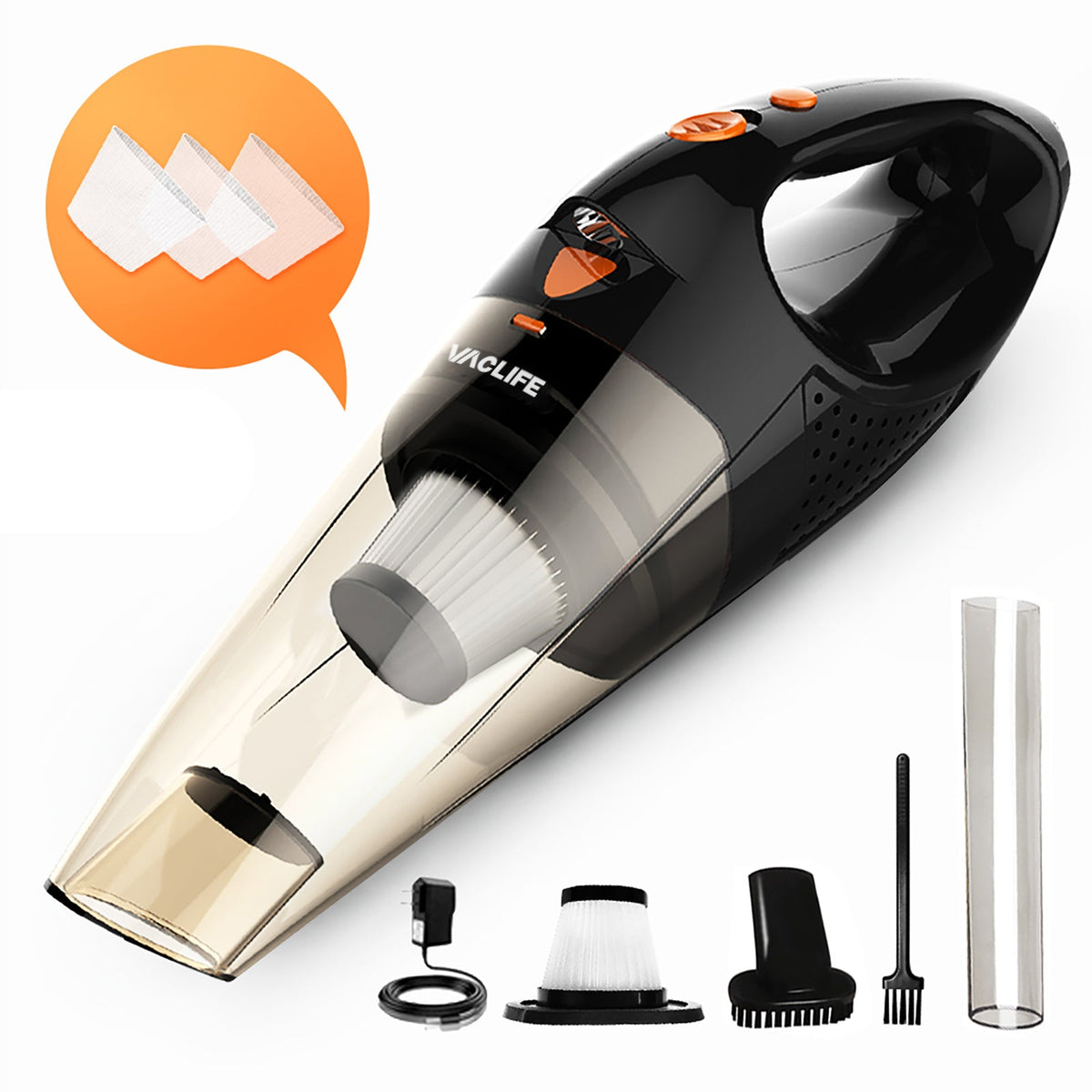 VacLife Handheld Vacuum, Car Vacuum Cleaner Cordless, Mini Portable Rechargeable Vacuum Cleaner with 2 Filters, Orange (VL189)