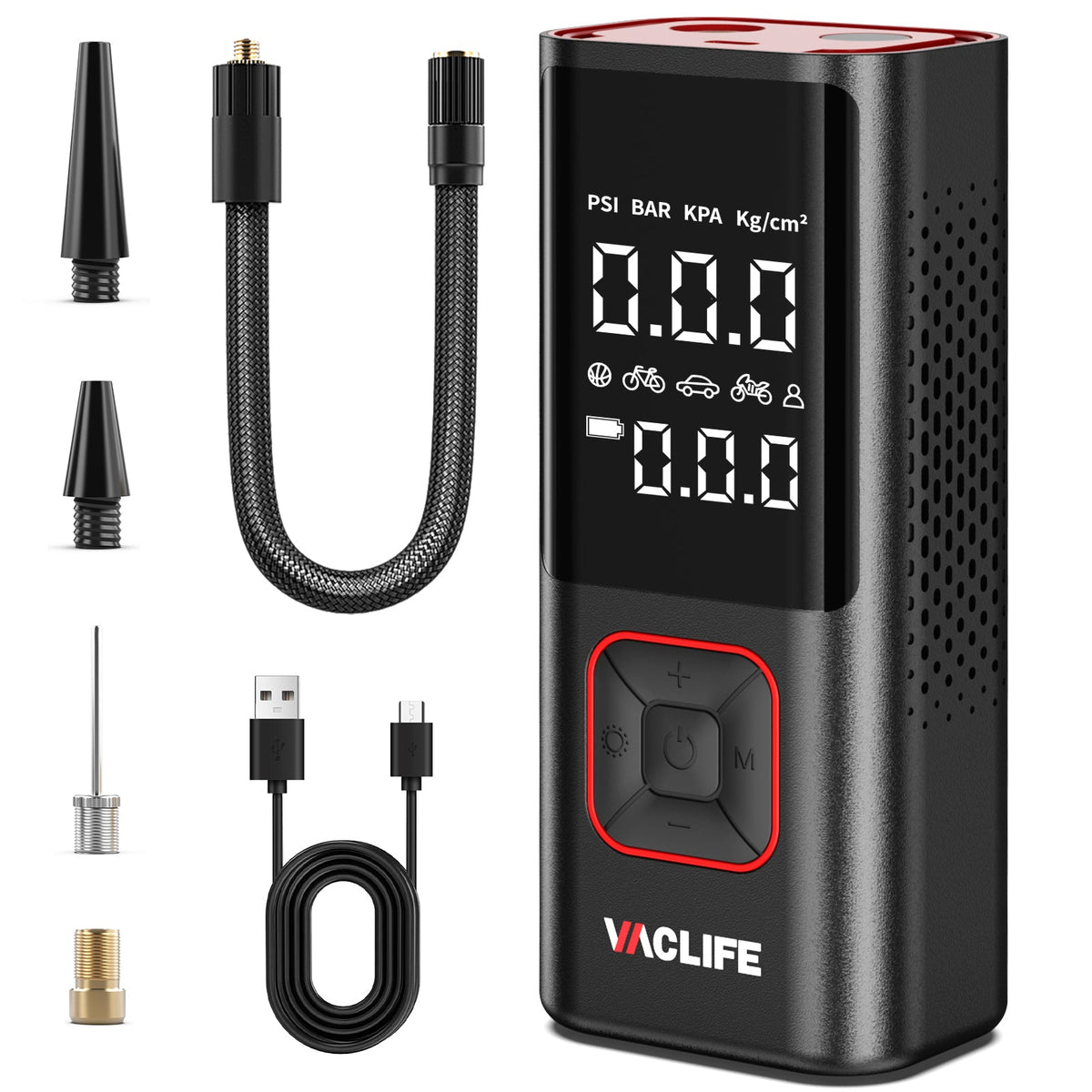 VacLife 150 Psi Cordless Tire Inflator Portable Compressor, Quick Inflation, Auto Shutoff, LED Light, Accs, Red