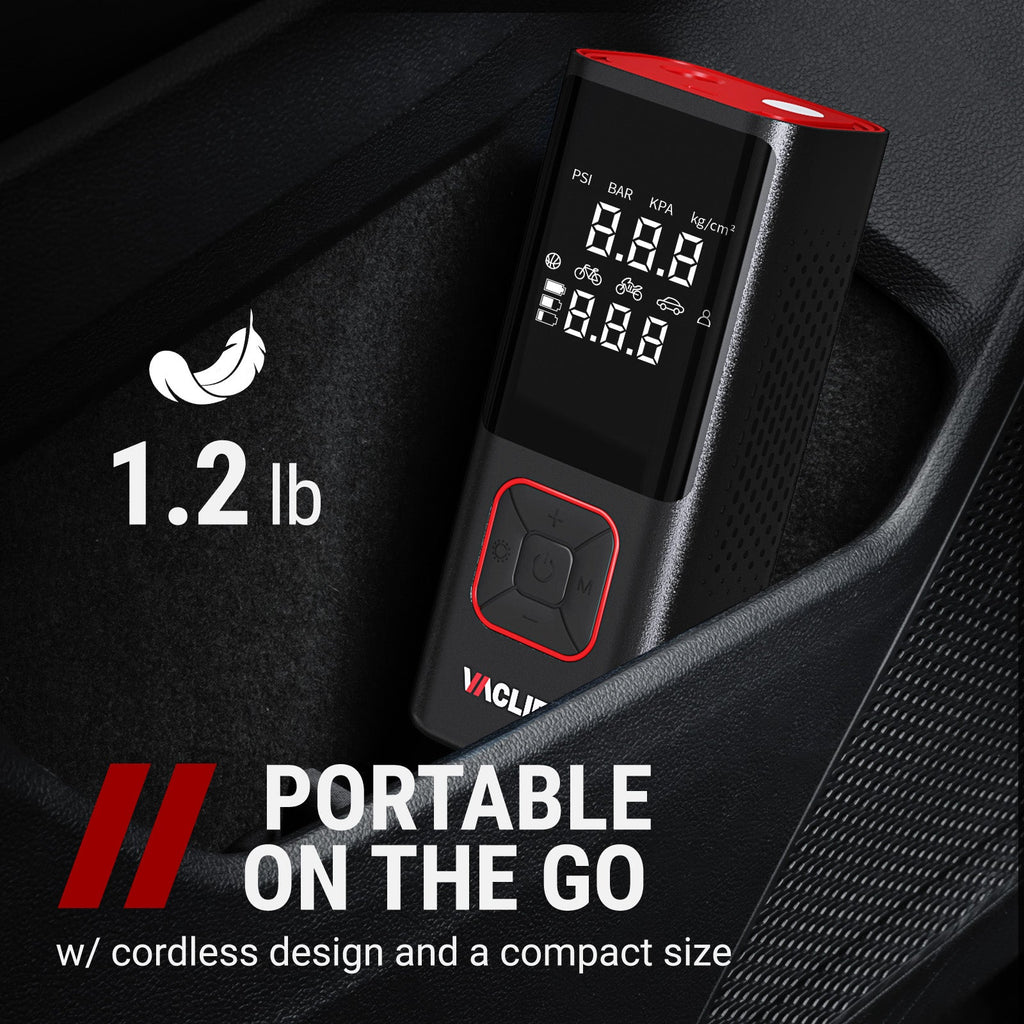 VacLife 150 Psi Cordless Tire Inflator Portable Compressor, Quick Inflation, Auto Shutoff, LED Light, Accs, Red