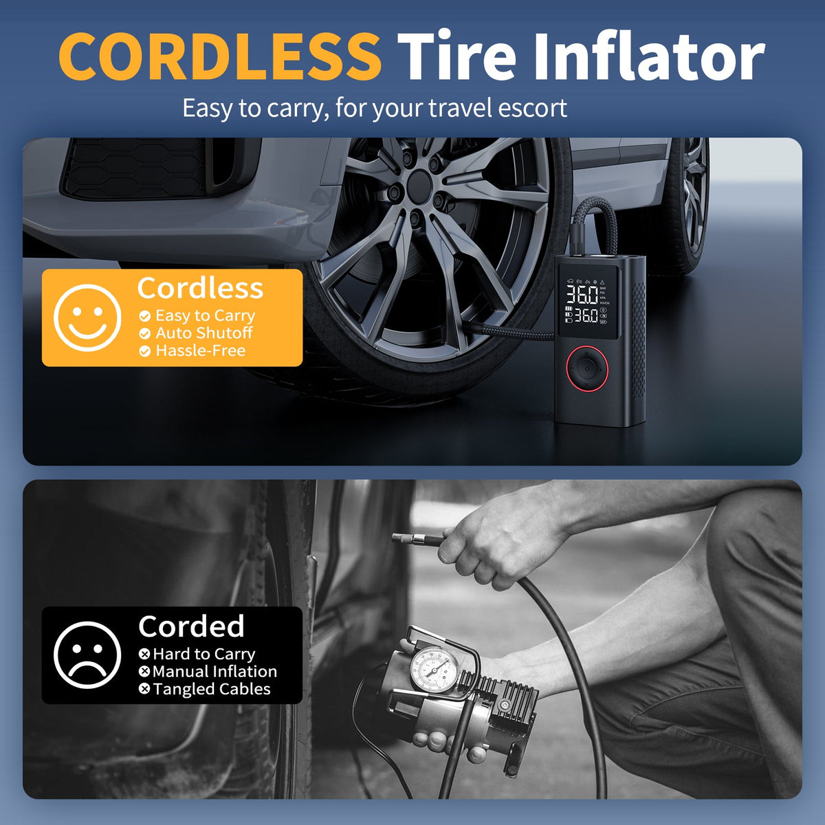 VacLife Cordless Tire Inflator Portable Air Compressor - Air Pump for Car Tires 150 Psi