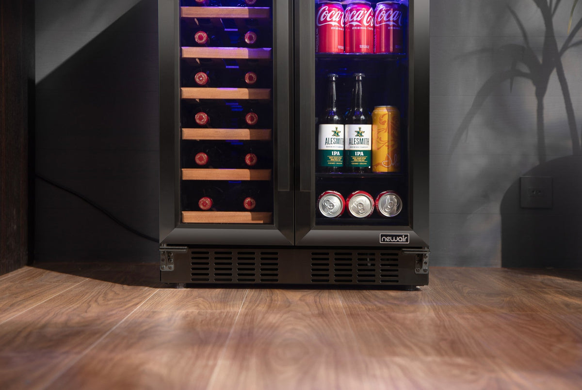 Newair Dual Zone 24 in. Built-In 20 Bottle and 78 Can Wine and Beverage Cooler with French Doors – Black Stainless Steel