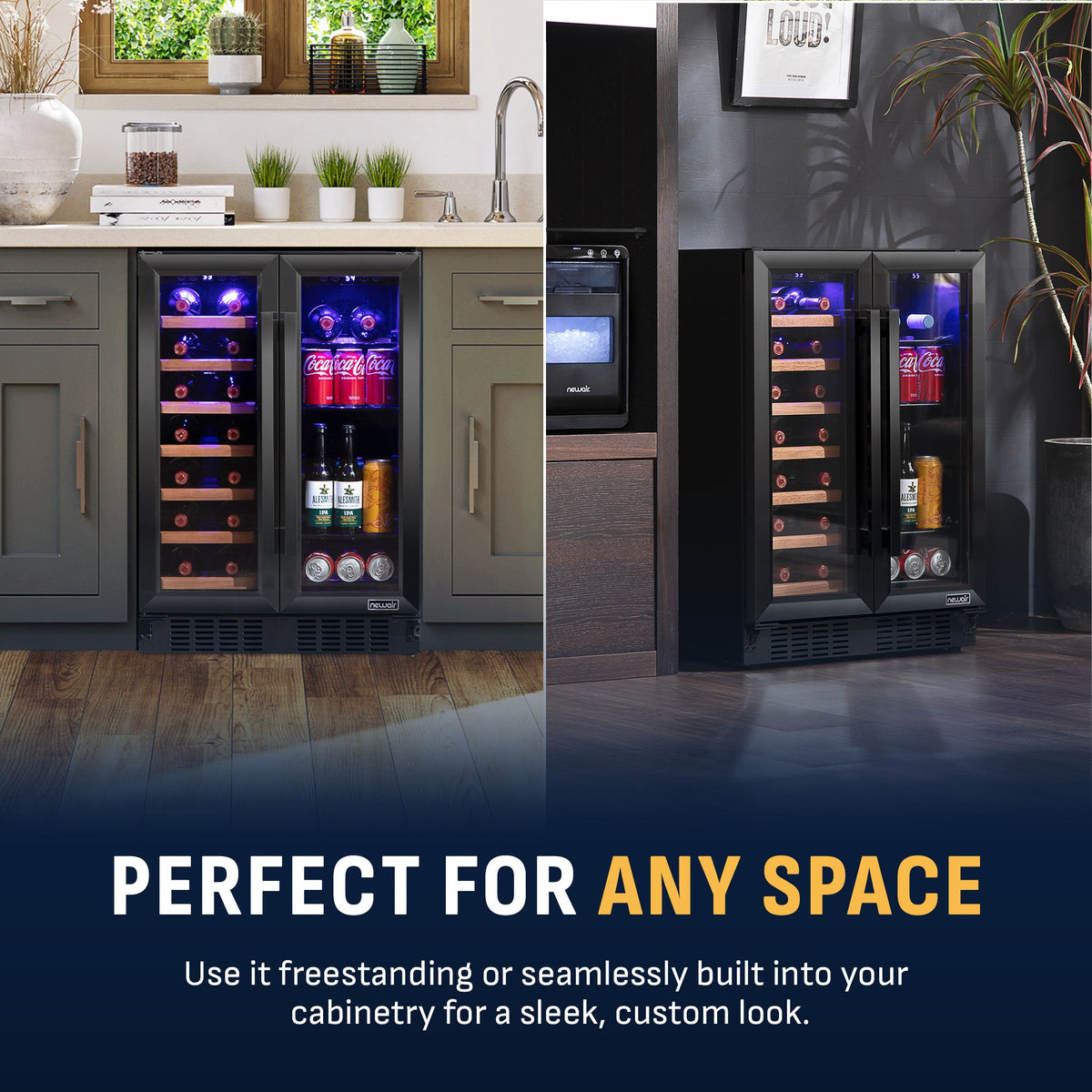 Newair Dual Zone 24 in. Built-In 20 Bottle and 78 Can Wine and Beverage Cooler with French Doors – Black Stainless Steel