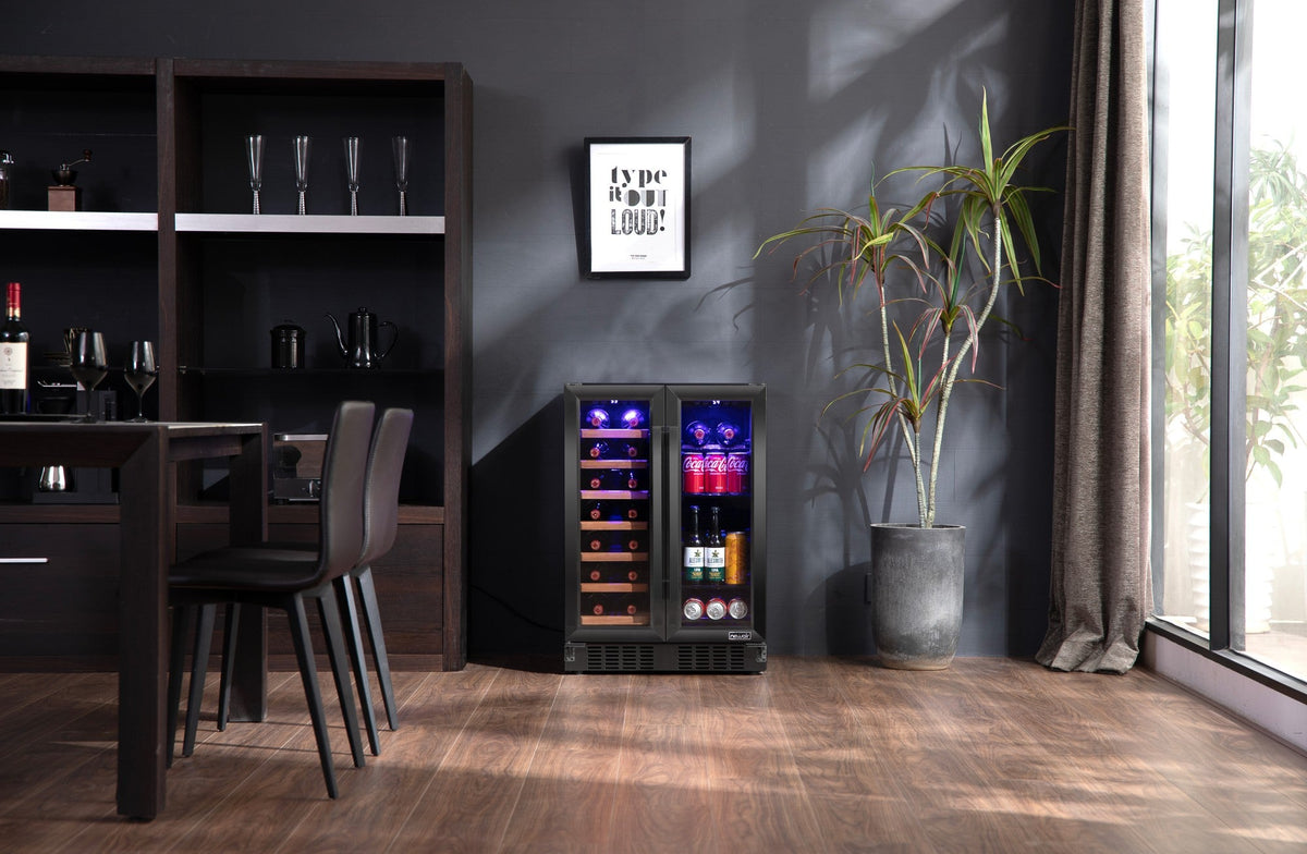 Newair Dual Zone 24 in. Built-In 20 Bottle and 78 Can Wine and Beverage Cooler with French Doors – Black Stainless Steel
