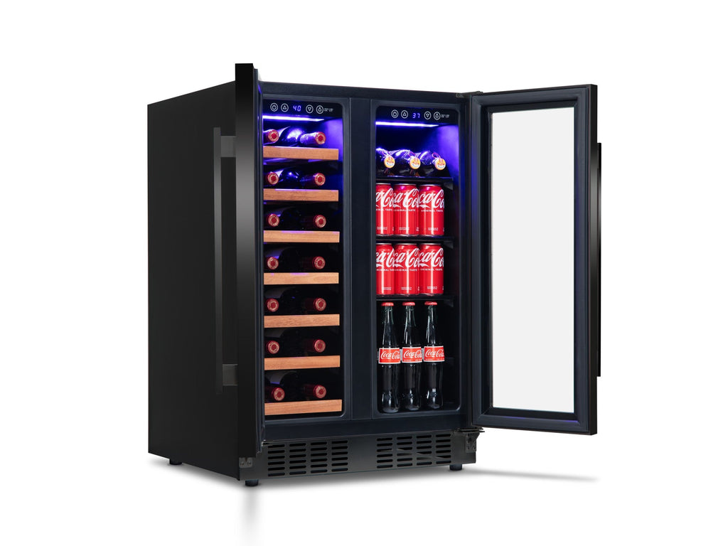 Newair Dual Zone 24 in. Built-In 20 Bottle and 78 Can Wine and Beverage Cooler with French Doors – Black Stainless Steel