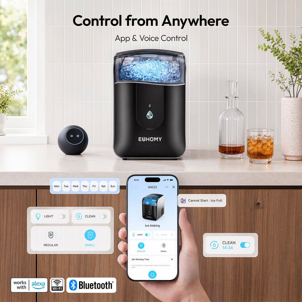 EUHOMY Countertop Nugget Ice Maker, 40 lbs/24H, Self-Cleaning, Smart App, Chewable Ice, Black