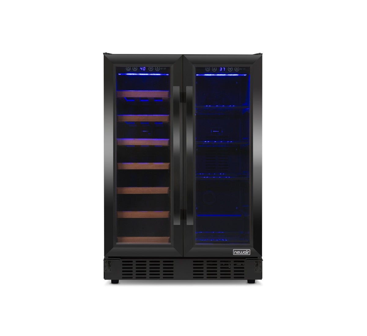Newair Dual Zone 24 in. Built-In 20 Bottle and 78 Can Wine and Beverage Cooler with French Doors – Black Stainless Steel