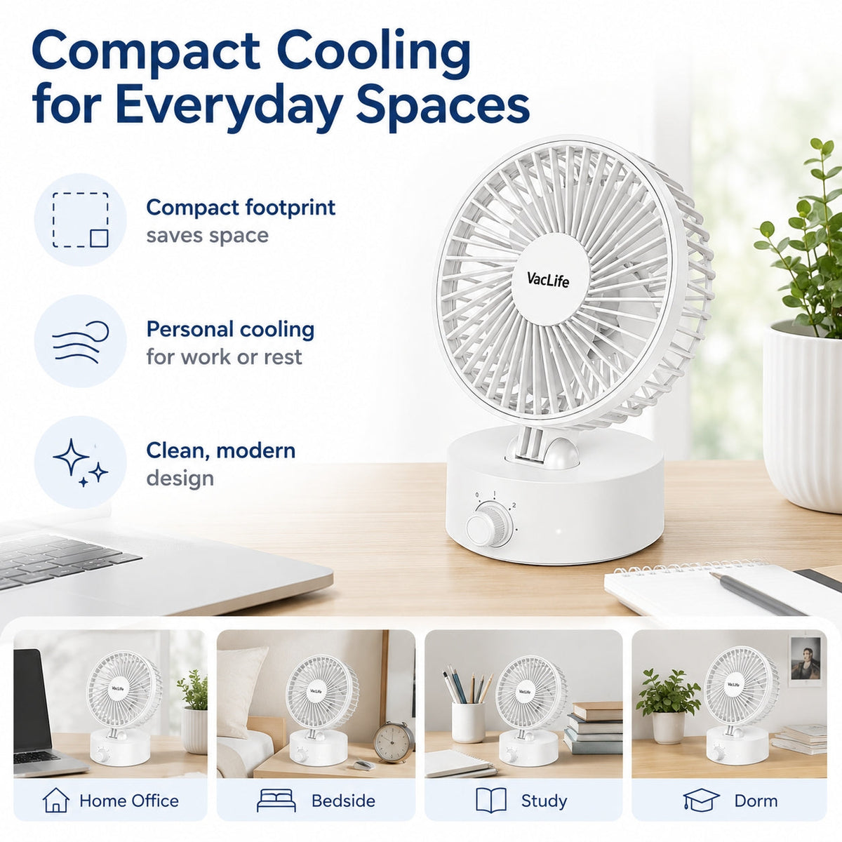 VacLife Personal Desk Fan, USB-C Rechargeable & Plug-in Small Fan, Portable Table Fan with 3 Speeds, Adjustable Tilt Angle, Quiet Mini Fan for Office Desk, Bedroom, Travel, White