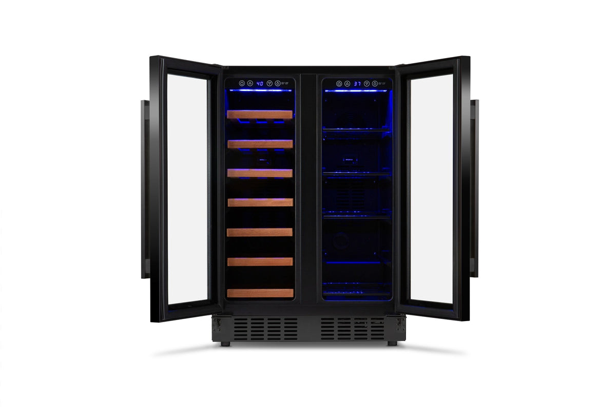 Newair Dual Zone 24 in. Built-In 20 Bottle and 78 Can Wine and Beverage Cooler with French Doors – Black Stainless Steel