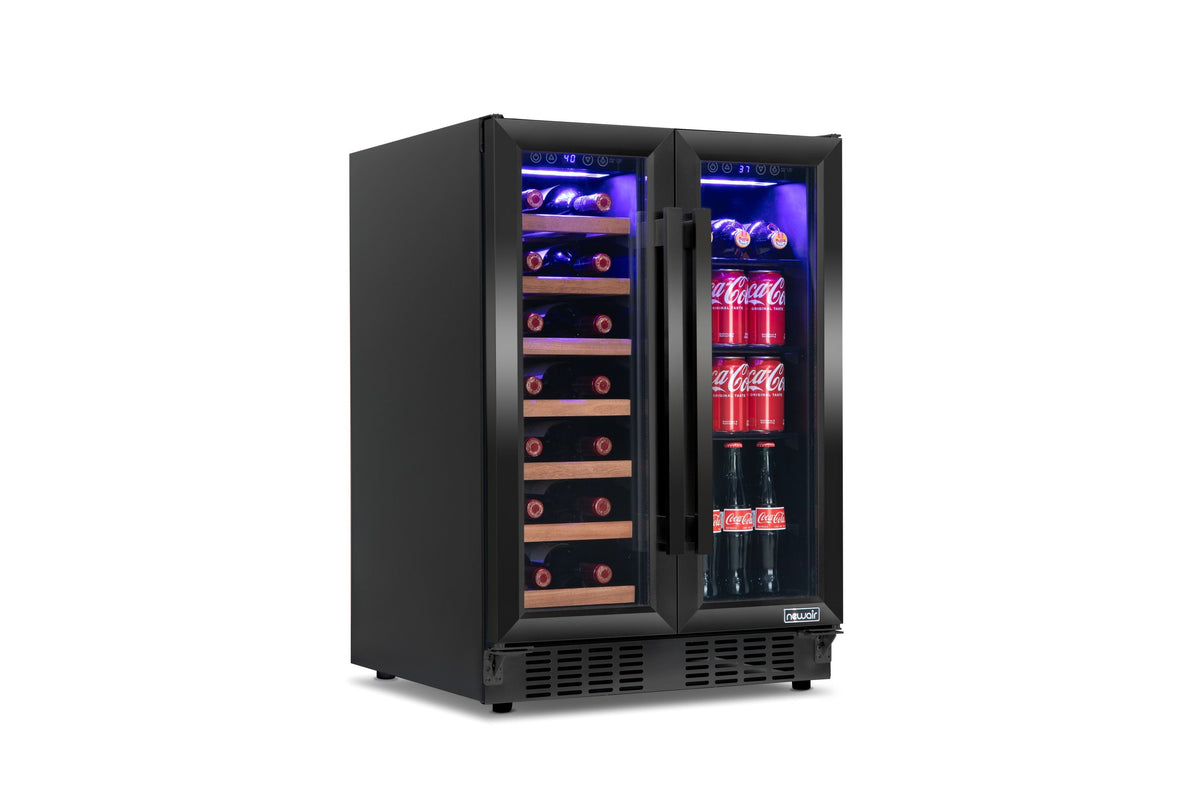 Newair Dual Zone 24 in. Built-In 20 Bottle and 78 Can Wine and Beverage Cooler with French Doors – Black Stainless Steel