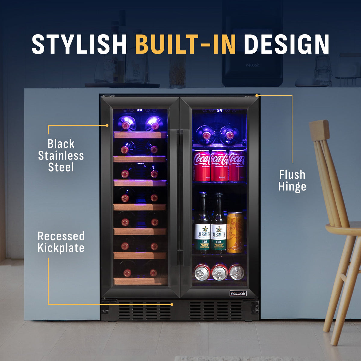 Newair Dual Zone 24 in. Built-In 20 Bottle and 78 Can Wine and Beverage Cooler with French Doors – Black Stainless Steel