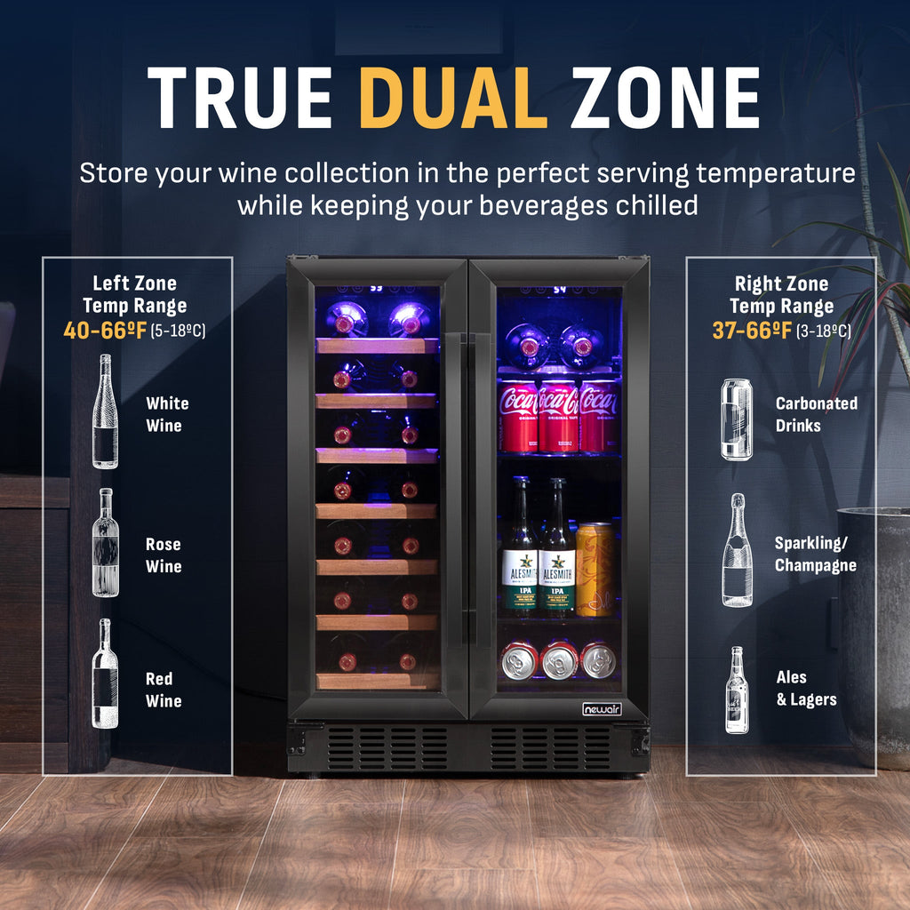 Newair Dual Zone 24 in. Built-In 20 Bottle and 78 Can Wine and Beverage Cooler with French Doors – Black Stainless Steel