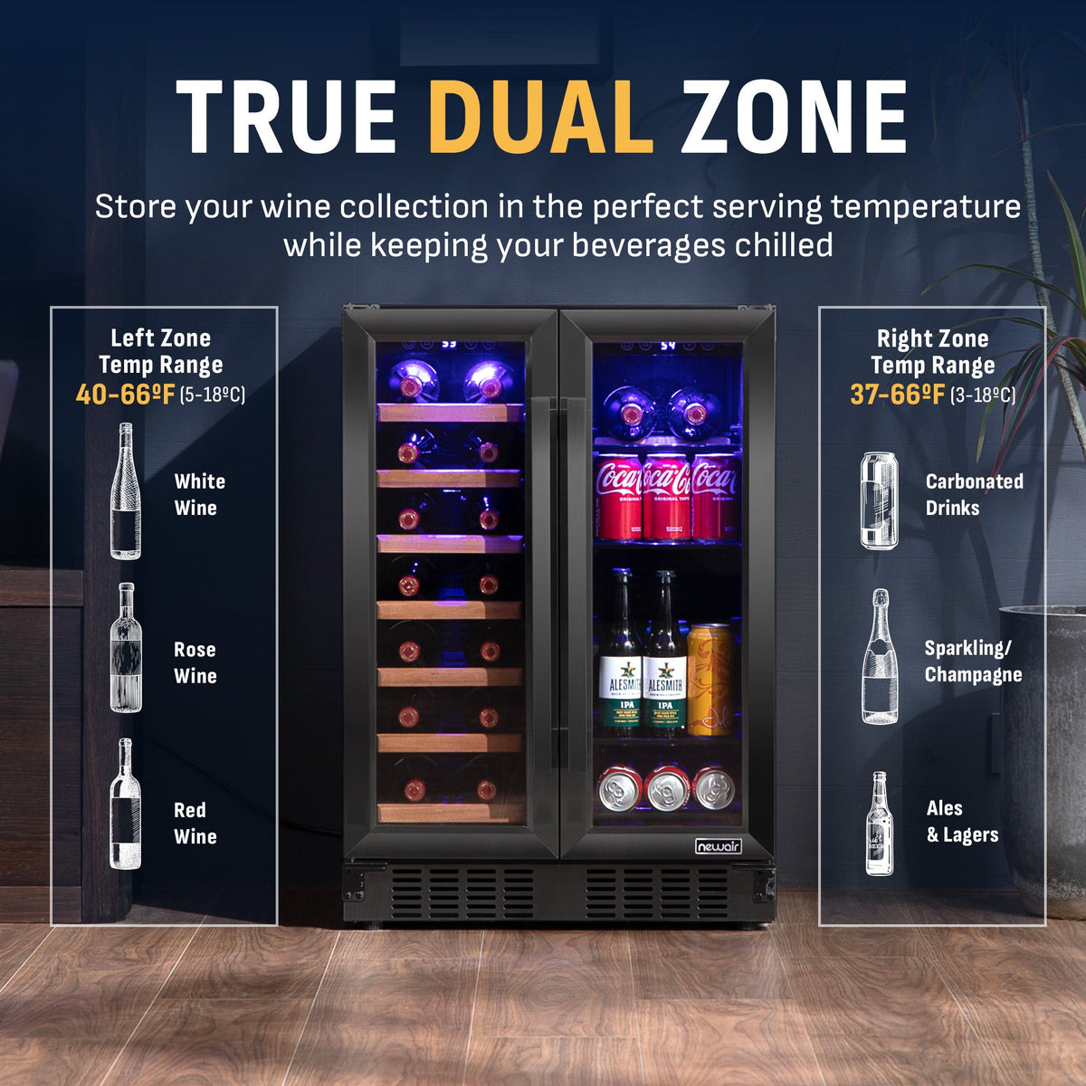 Newair Dual Zone 24 in. Built-In 20 Bottle and 78 Can Wine and Beverage Cooler with French Doors – Black Stainless Steel