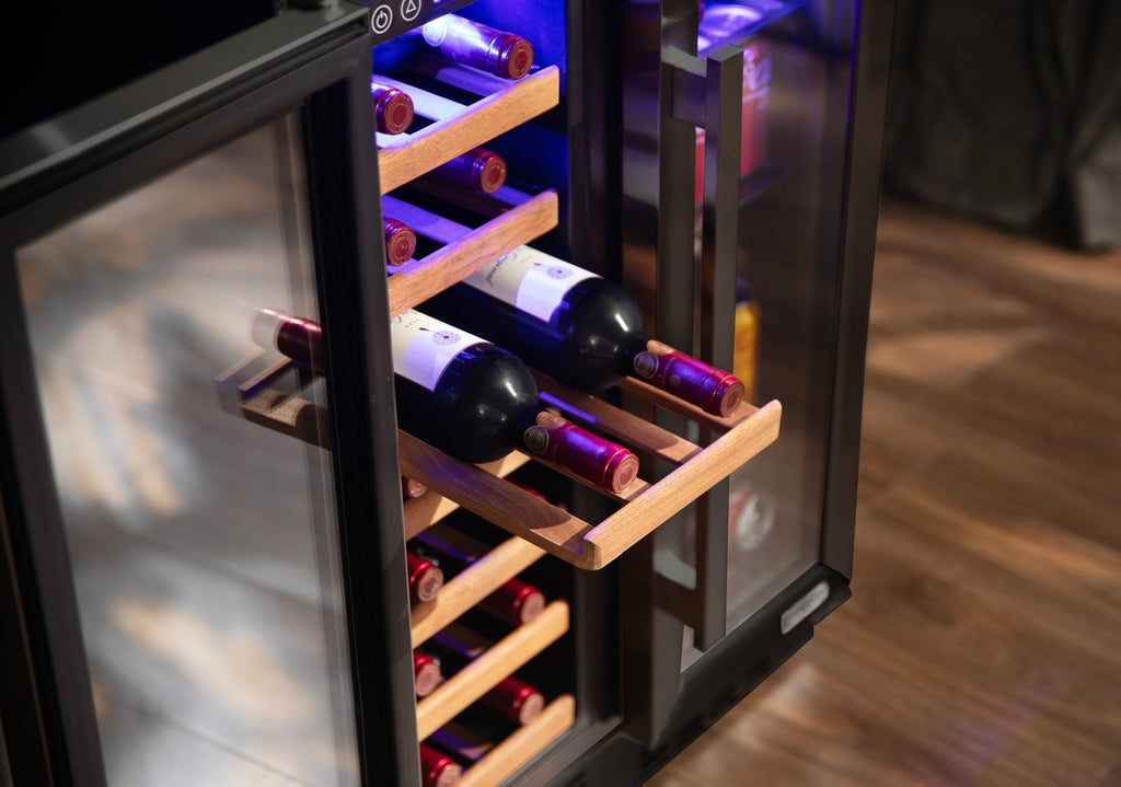 Newair Dual Zone 24 in. Built-In 20 Bottle and 78 Can Wine and Beverage Cooler with French Doors – Black Stainless Steel