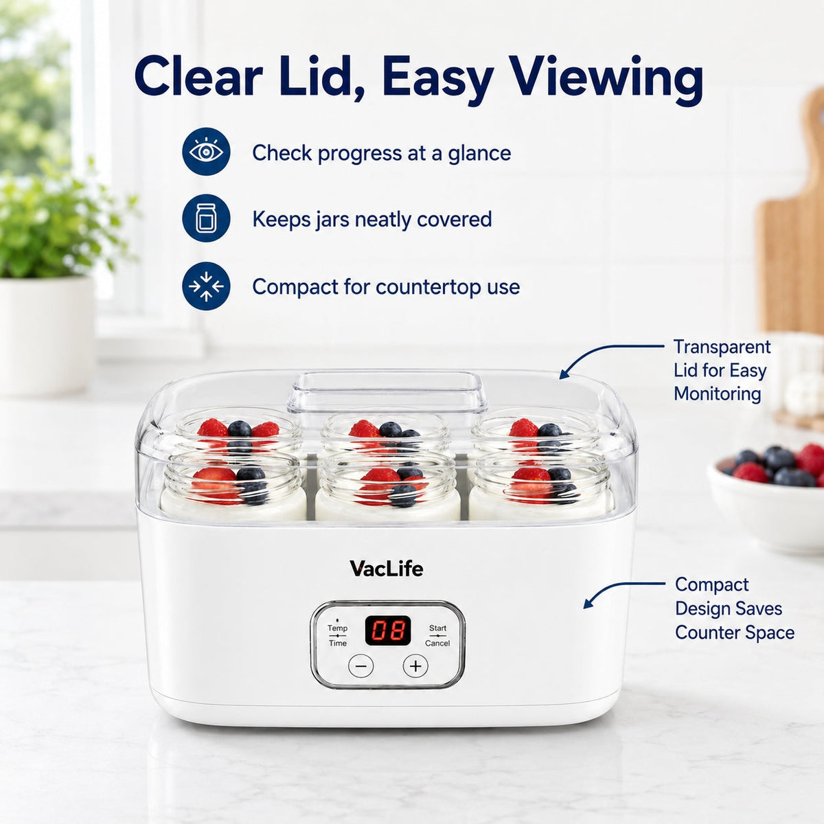VacLife Yogurt Maker with 6 Glass Jars, Digital Timer & Temperature Control, Homemade Greek Yogurt Machine with BPA-Free Lid, Easy to Clean Yogurt Maker for Family Use, White