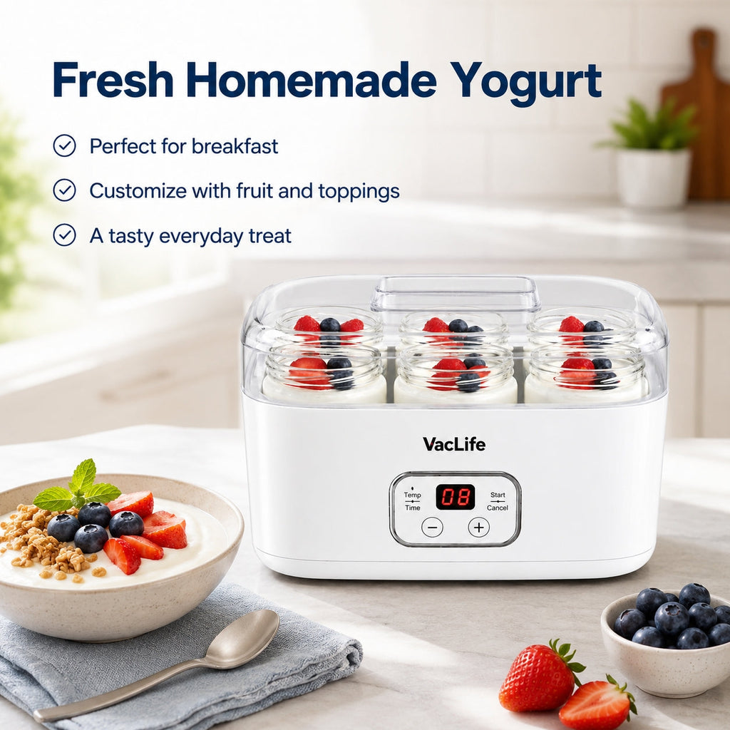 VacLife Yogurt Maker with 6 Glass Jars, Digital Timer & Temperature Control, Homemade Greek Yogurt Machine with BPA-Free Lid, Easy to Clean Yogurt Maker for Family Use, White